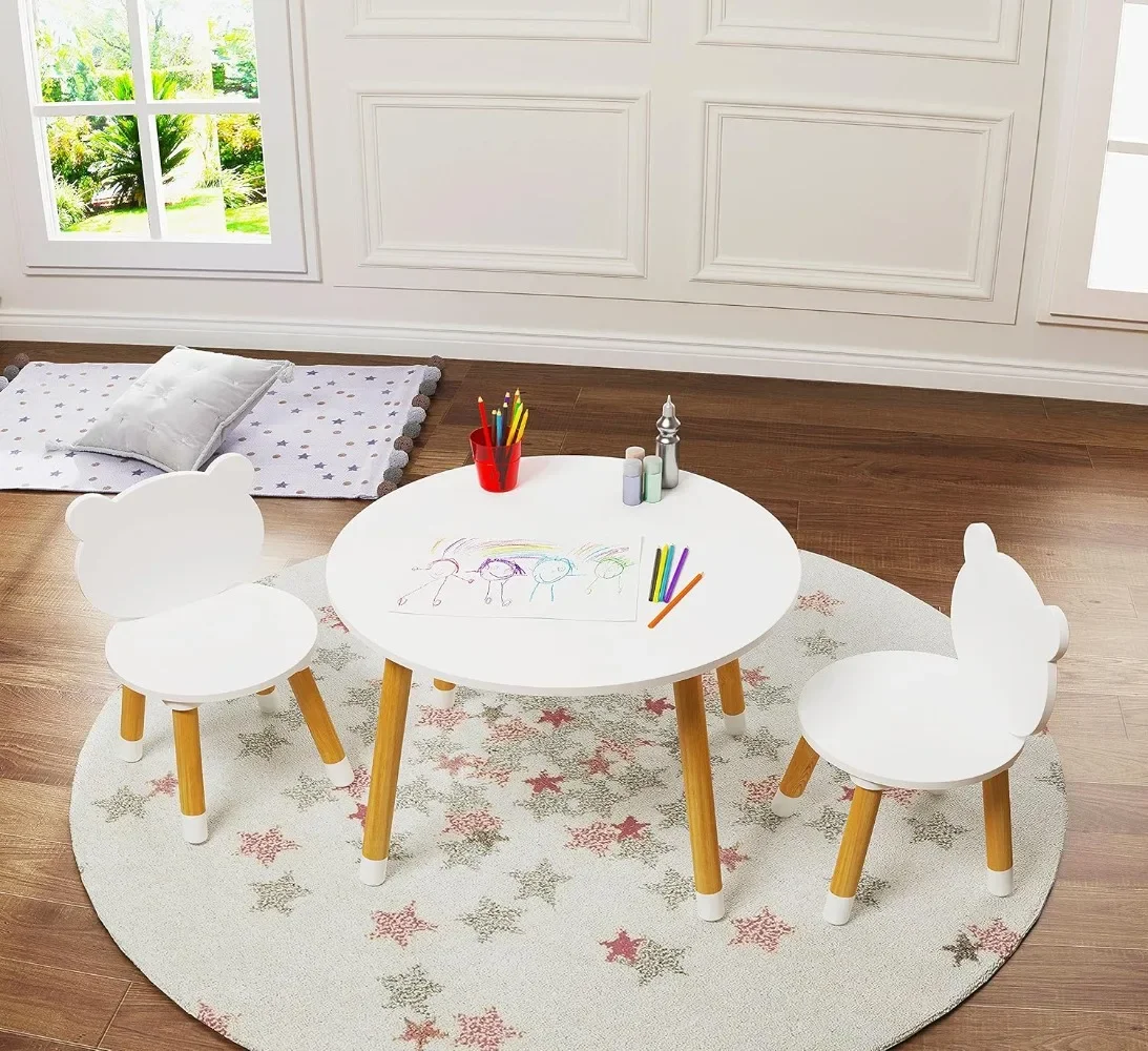 

Kids Wood Table and Chair Set, Kids Play Table with 2 Chairs,3 Pieces Kids Round Table for Toddlers, Girls, Boys,White