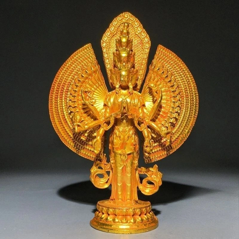 Solid Copper Gilded Thousand-Armed Guanyin Bodhisattva Statue Tibetan Buddhist Worship Statue Decorative Ornament