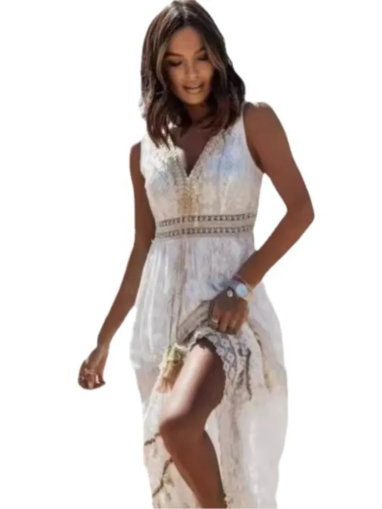 Summer Solid Beach Vacation Long Dress Woman's Fashion V-neck Sexy Sleeveless High Waist Dresses Ladies Foreign Style Vestidos