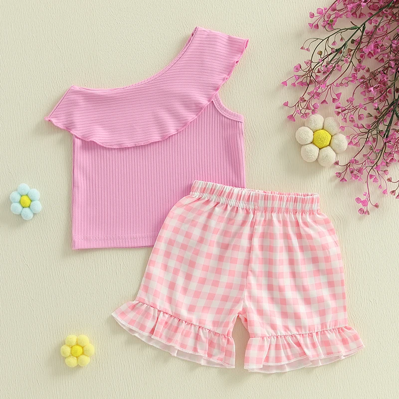

Baby Girls Clothes Set Toddler Infant Sleeveless Off Shoulder Ruffle Tops + Plaid Shorts Summer Baby Fashion Outfits
