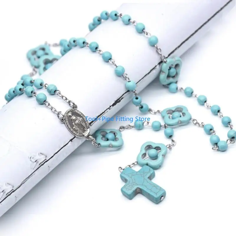 F92B Blue Turquoise Beads Rosary Necklaces Prayer Pendant Catholic Necklaces