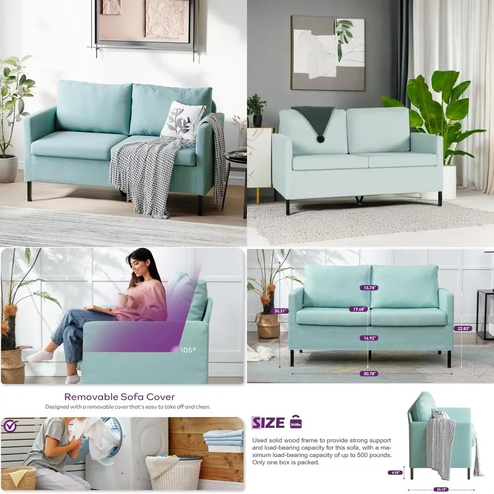 Modern 2-Seater Linen Fabric Loveseat Sofa with Iron Legs for Living Room Upholstered Furniture