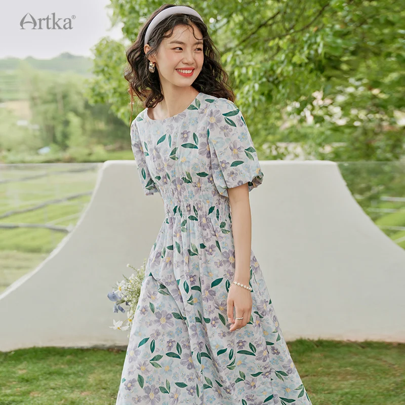 ARTKA 2023 Summer New Women Dress Elegant Loose Floral Prints Dresses O-Neck High Waist Puff Sleeve Long Dress Female LA29325X