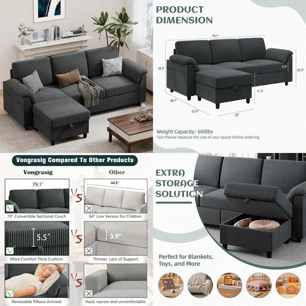 أريكة مقطعية قابلة للتحويل من قماش الكتان على شكل حرف L مكونة من 3 مقاعد مع مسند تخزين وجيوب جانبية لأثاث غرفة المعيشة المريحة #1