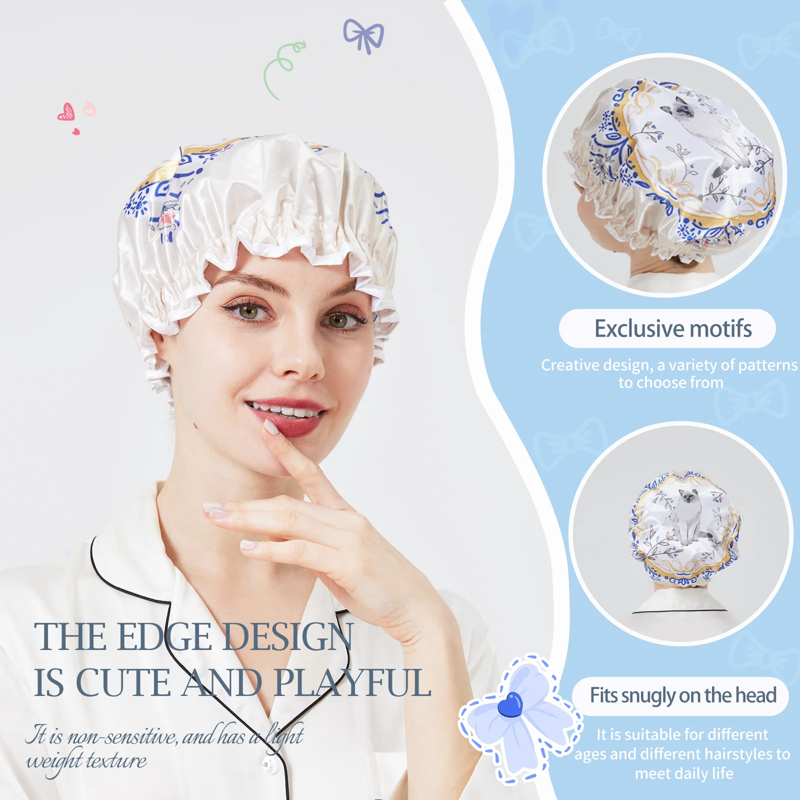 Gorro de satén para dormir con capullo de flor de cerámica de Londres, gorro de seda, accesorios para el cabello para baño, gorro de ducha dandy, gorro de cuidado personal, gorro de sauna