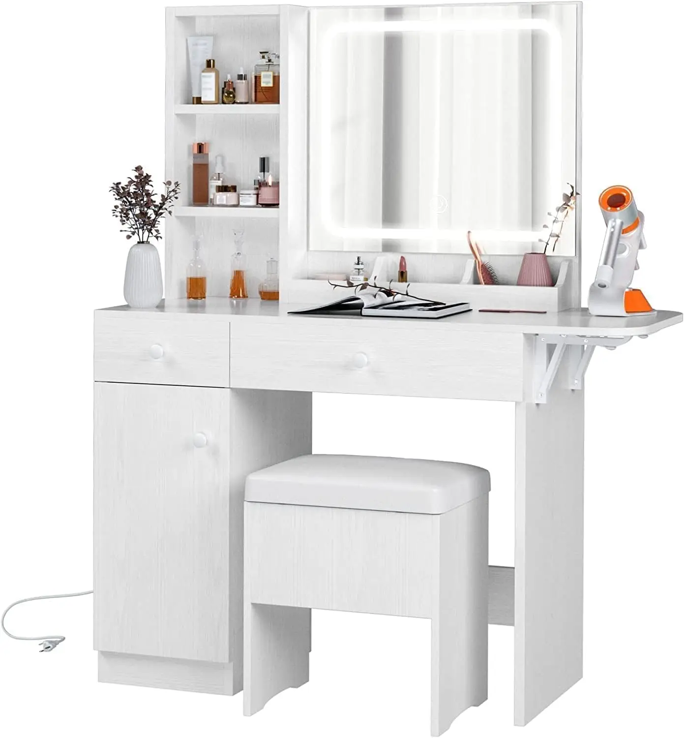 Vanity Desk with LED Lighted Mirror & Power Outlet, Makeup Table with Drawers & Cabinet,Storage Stool, White