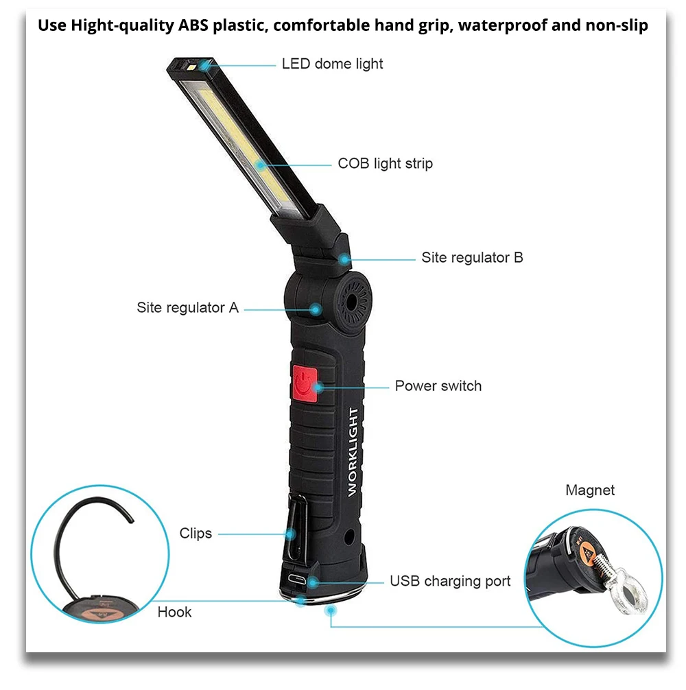 Rechargeable LED Work Light Flashlight with Magnet and Hook IPX-4 Waterproof 5 Lighting Modes Suitable for Night Work, Etc.
