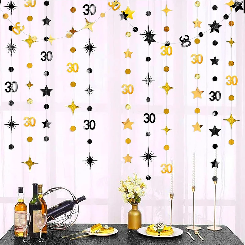 Black Gold 30th Birthday Decorations Number 30 Circle Dot Twinkle Star Garland for Happy Dirty 30 Year Old Thirty Party Supplies