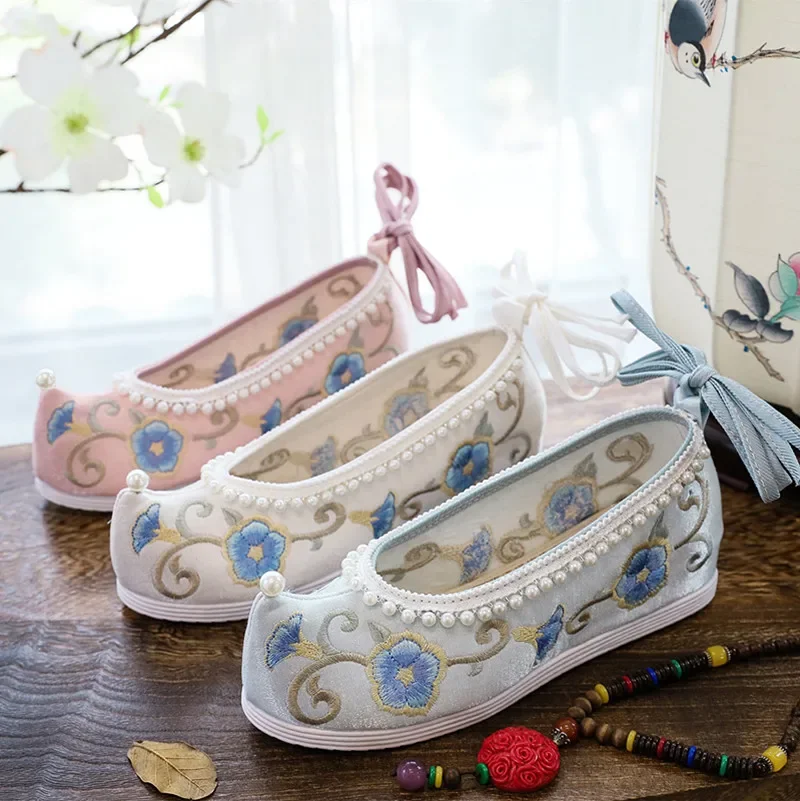 Zapatos Hanfu antiguos originales, zapatos antiguos con bordado rojo de tiro alto para mujer, zapatos de plataforma