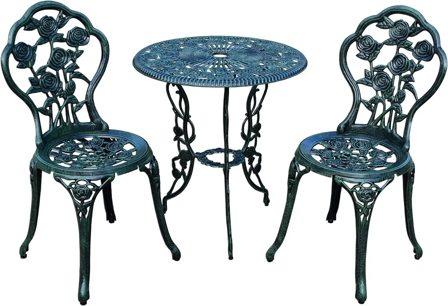 Cast Aluminum Conversation Metal Antique 3 Piece Patio Rose Bistro Set, Verdi Green,outdoor furniture set