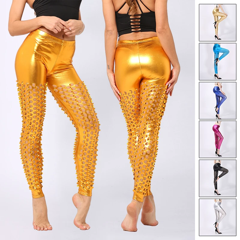 Women Sexy Disco Pants Punk Style Hollow Out Fish-scale Pattern Leggings   Stage Performance Nightclub Costumes Dance Trousers