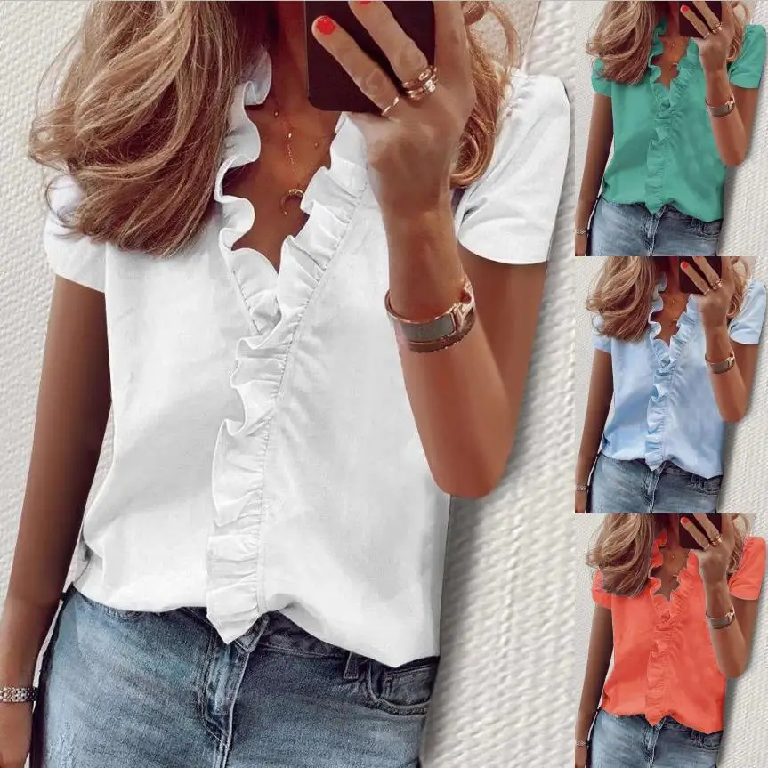 

Women's Short Sleeve Ruffled Shirt Commute Style Pure Color Non-deformable Other Fabric Ladies Premium Shirt