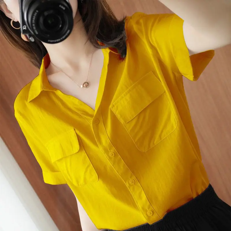 Fashion V-Neck Spliced Solid Color Pockets Shirt Women\'s Clothing 2023 Summer New Oversized Casual Tops Loose Korean Blouse