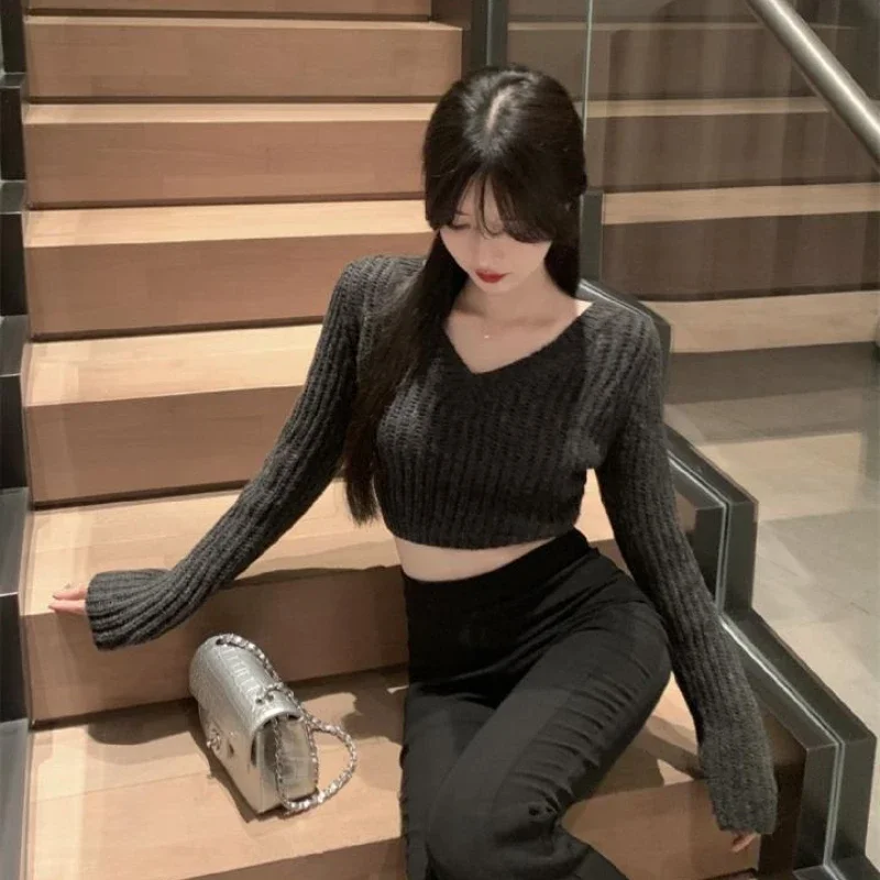 

Pullovers Women Knitting Solid Slim Simple Korean Style Sexy V-neck Autumn Fashion Long-sleeve Office Lady Clothing Leisure Cool