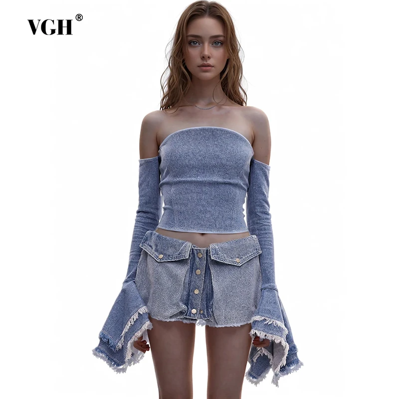 

VGH Solid Minimalist Backless Denim Tops For Women Strapless Flare Sleeve Tunic Spliced Zipper Slimming Sexy Vest Female Fashion