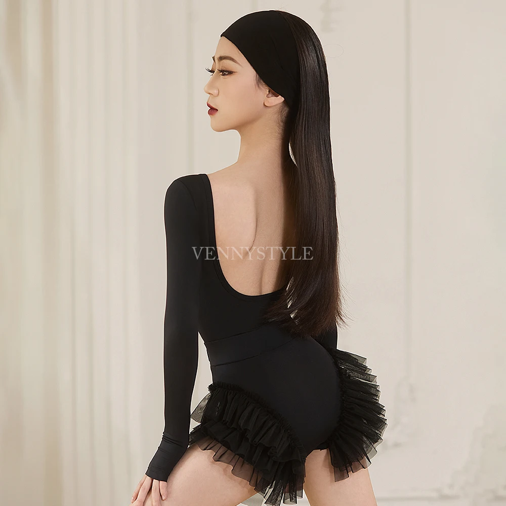 فستان رقص لاتيني للسيدات بأكمام طويلة، مجموعة توب وتنورة للأداء والتدريب على أزياء الرقص في قاعة الرقص #6