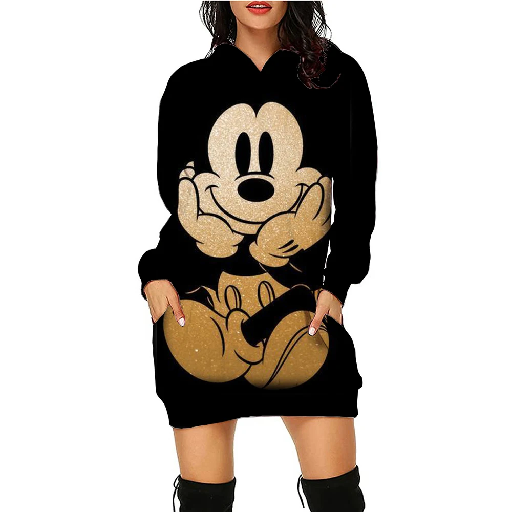 New Disney Series Mickey Mouse Minnie Hoodie Print Hooded Sweater Dress Casual Street Style Ladies Warm Sweater Dress