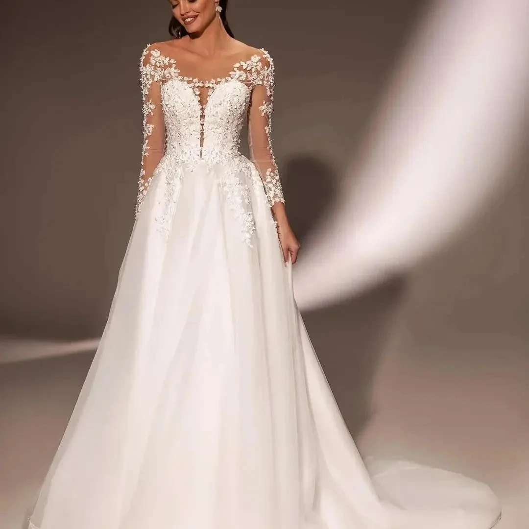 

Elegant Church Wedding Dress 2026 Scoop Lace Appliques 3D Flowers Illusion Back Tulle Princess A-line Bridal Bride Gown Vestido