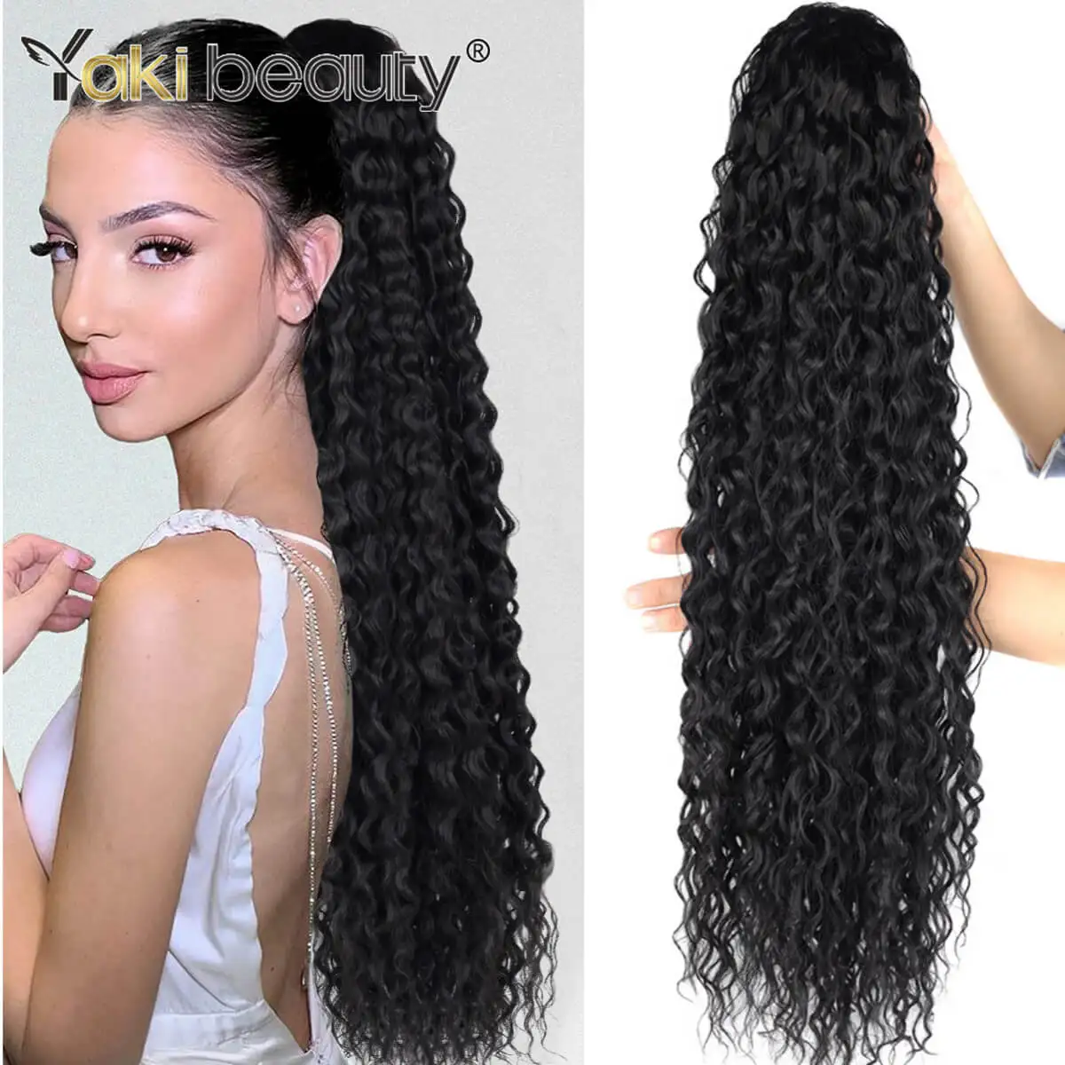 32 Zoll synthetischer lockiger Kordelzug-Pferdeschwanz, superweich, langes, verworrenes, lockiges Haar, organische Chip-In-Haarverlängerung, Wasserwellen-Pferdeschwanz