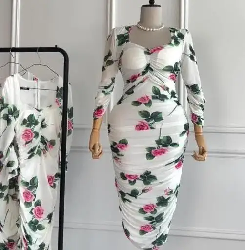 

Autumn New Vintage Palace Style Printed Slim Square Neck Elegant Hip Wrap Dress Women's Temperament Elegant Skinny Dresses