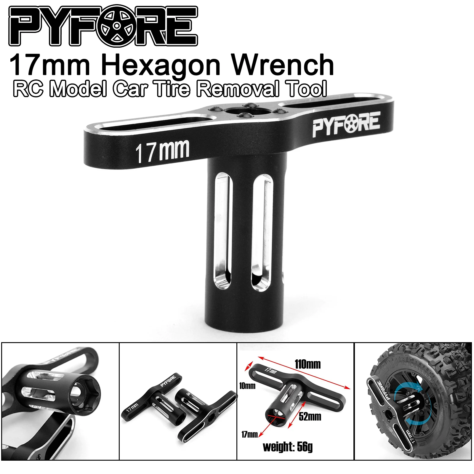 PYFORE 17mm Hexagonal Wrench Tire Removal Tool for 1/8 1/7 1/6 RC Model Car Buggy Truck Accessories