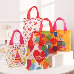 5Pcs Cute Happy Birthday Theme Gift Packing Bag Balloon Cake Pattern Non-Woven Shopping Tote Bag for Kids Birthday Party Decor