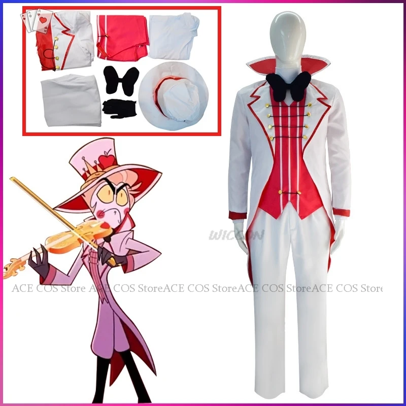 

Anime Hazbin Cosplay Lucifer Hotel Morningstar King Costume Hat Daddy White Suit Devil Hell Halloween Party Adult Men Costume