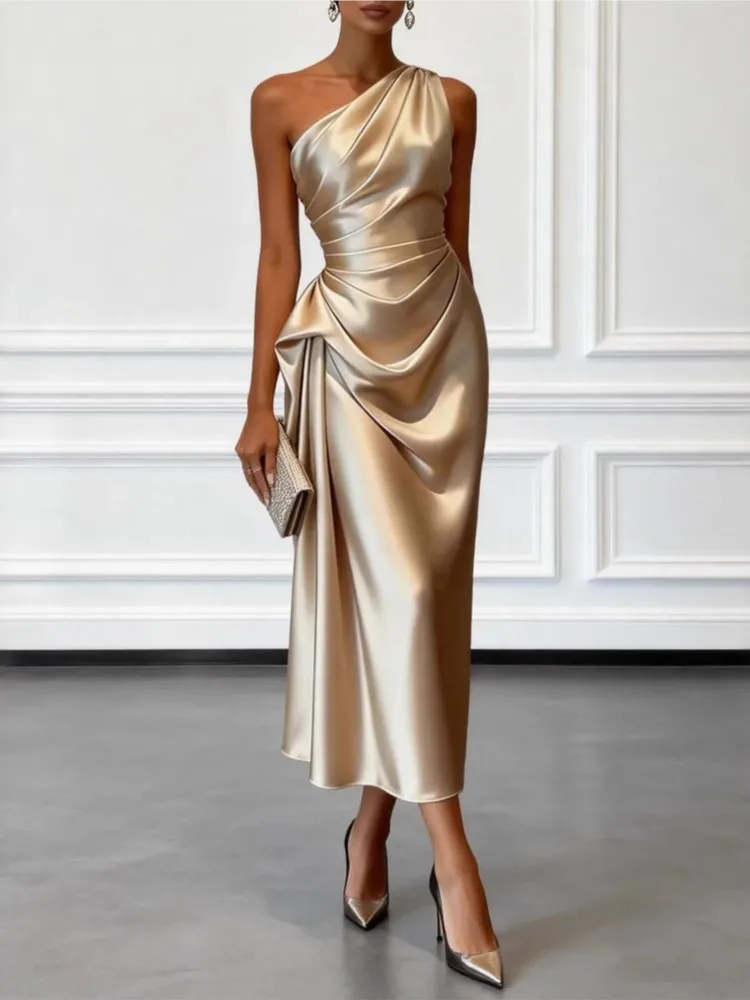 Elegante Abendkleider für Damen Sommer 2026 Modische Ärmellose Schulterfreie Satin Maxikleider Casual