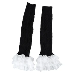 Japanese Women Cable Knitted Leg Warmer Bow Tiered Ruffled Lace Calf Socks