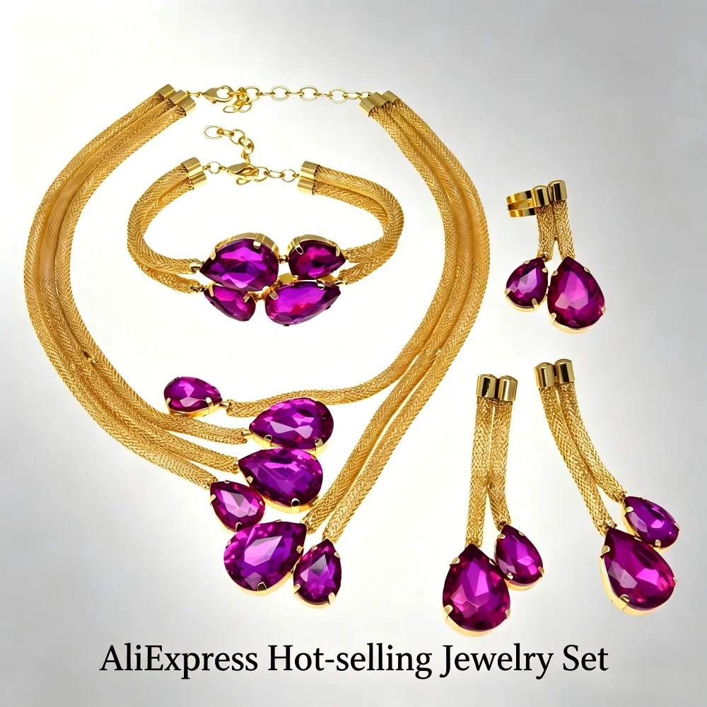 Brazilian Gold Plated Fuchsia Crystal Jewelry Set Multi Strand Mesh Teardrop Statement Necklace Earrings Ring Bracelet Set