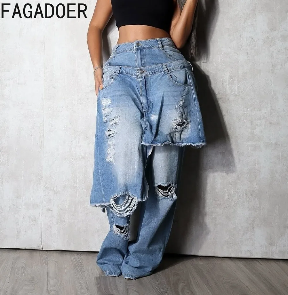 FAGADOER Autumn New Fashion Quality Denim Pants Women Wash Hole Irregular Pocket Patchwork Jeans Female Streetwear Bottoms 2025