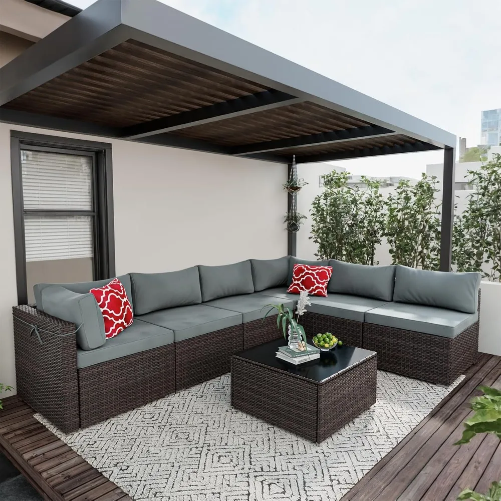 

7-Piece Patio Set: All-Weather Sectional Sofa with PE Rattan Wicker - Outdoor Conversation Group​