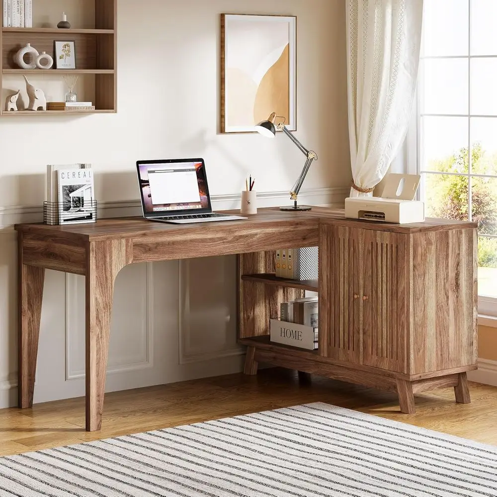 L-Shaped Desk with Storage Cabinet, 57-Inch Wood Corner Workstation, Home Office Computer Desk, Study Writing Table