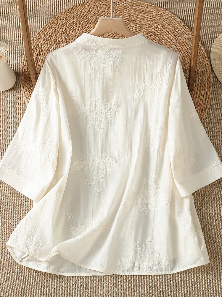 New Chinese Style Heavy Embroidery Button Shirt Women's Summer 2026 New Retro Stand Collar Improved Open Cardigan Top