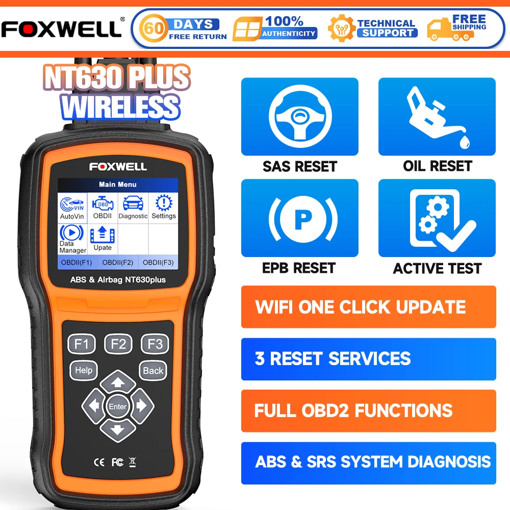 Scanner OBD2 FOXWELL NT630 Plus con Aggiornamenti Gratuiti a Vita, Funzioni di Spurgo ABS, SRS, Airbag, SAS, EPB, Reset Olio e Lettura Codici Motore