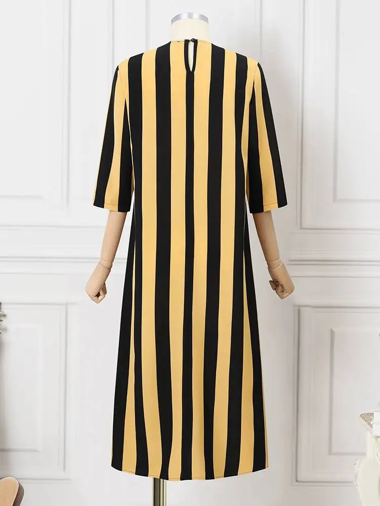 ZANZEA Women Muslim Fashion Striped Dress Islamic Hijab Style Casual 3/4 Sleeve Abaya Robes Autumn 2024 Daily Vestidos Kaftan