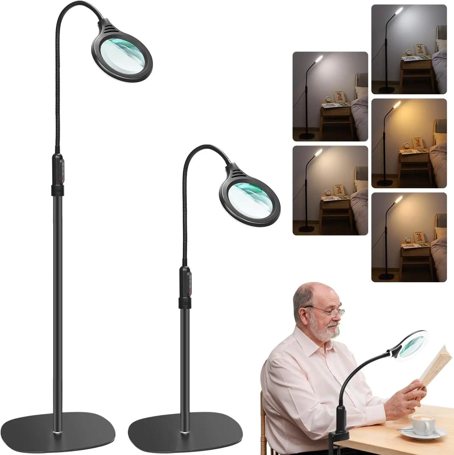 10X Magnifying Glass With Light And Stand, Flexible Gooseneck Magnifying Floor Lamp With Light, 3-In-1 Led 5 Color Modes,