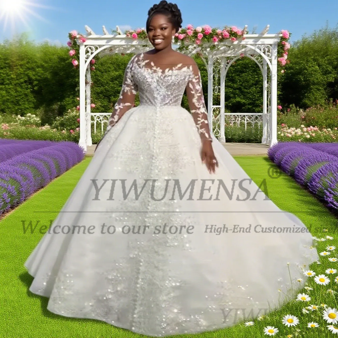 

Aso Ebi Африканские кружевные аппликации Свадебные платья для невесты 2026 Блестящие блестки Иллюзия с длинными рукавами Бальное платье Свадебное платье по индивидуальному заказу