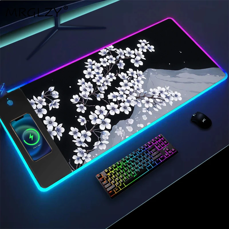 

Mousepad 900 400 Wireless Charging Sakura Night Mouse Pad Kawaii Desktop Pc Gamer Decoration Office Accessories Computer Desk