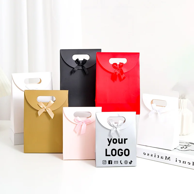 

50pcs flip tote bags kraft paper gift bags birthday packaging candy hand twist packaging box bow gift bag printing logo