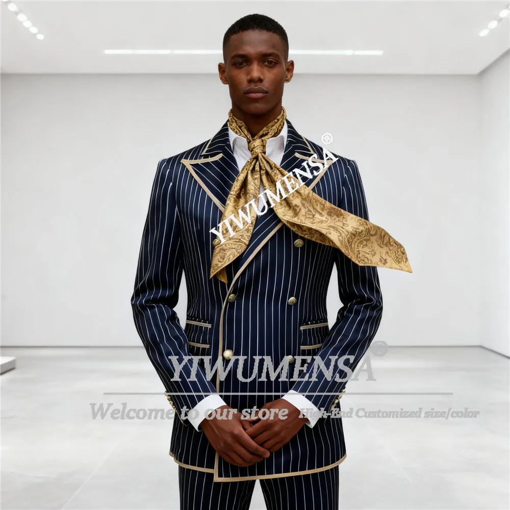 

Classic Stripes Suit Men Double Breasted Business Blazers Customized 2 Pieces Sets Costume Homme Gold Lapel Prom Tuxedos Outfits
