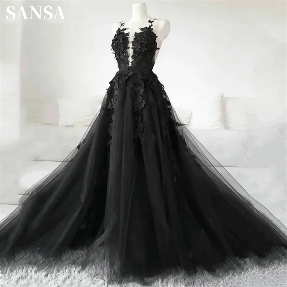 Sansa-vestido De fiesta gótico sin mangas, prenda con abertura lateral, encaje 3D, bordado, color negro, boda