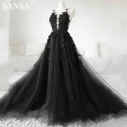 Sansa Black Sleeveless A-line Prom Dress Gothic Side Split Vestidos De Noche 3D Lace Embroidery Prom Dress Black Weddding Dress