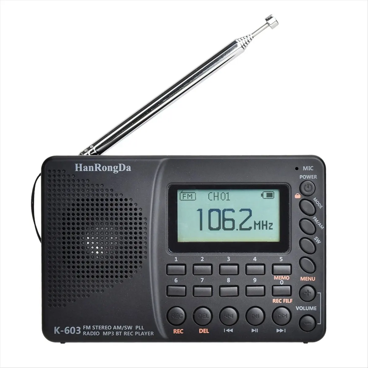 L63A  K-603 Elderly Full-Band Radio Bluetooth Card Recording MP3 Player Portable Radio with Backlit LCD, Sleep Timer