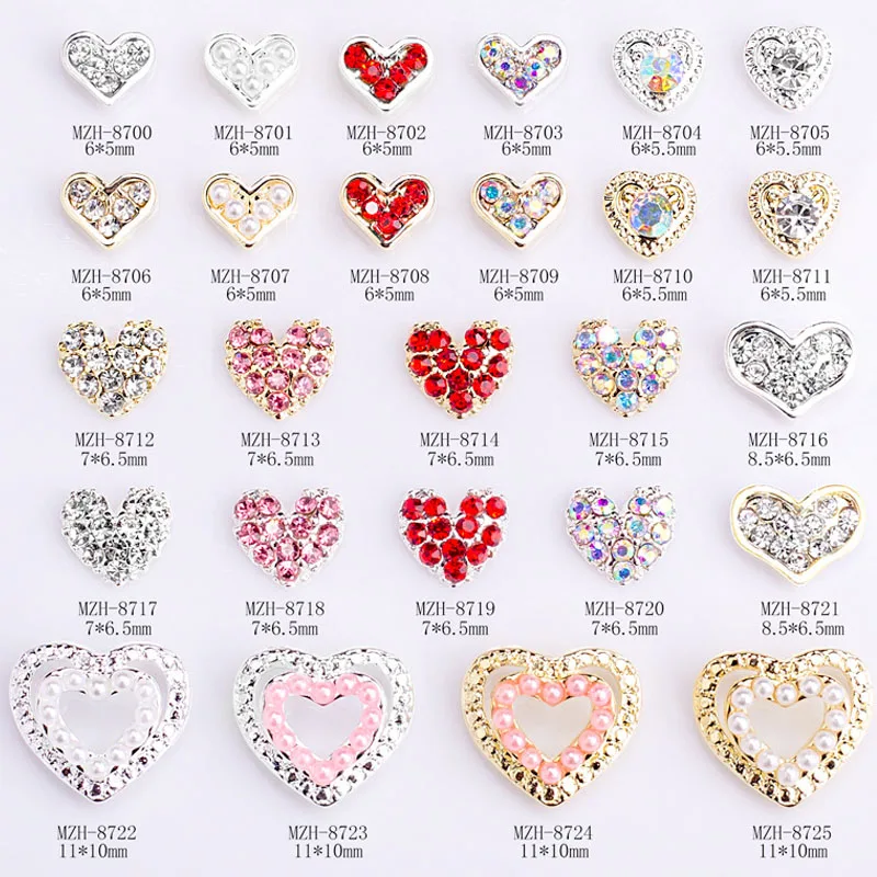 

10PCS Heart Nail Charms Gems Crystal Pearl Decor Muliti Size Stone For Nail Art Decoration Accessories Alloy Rhinestones Jewelry