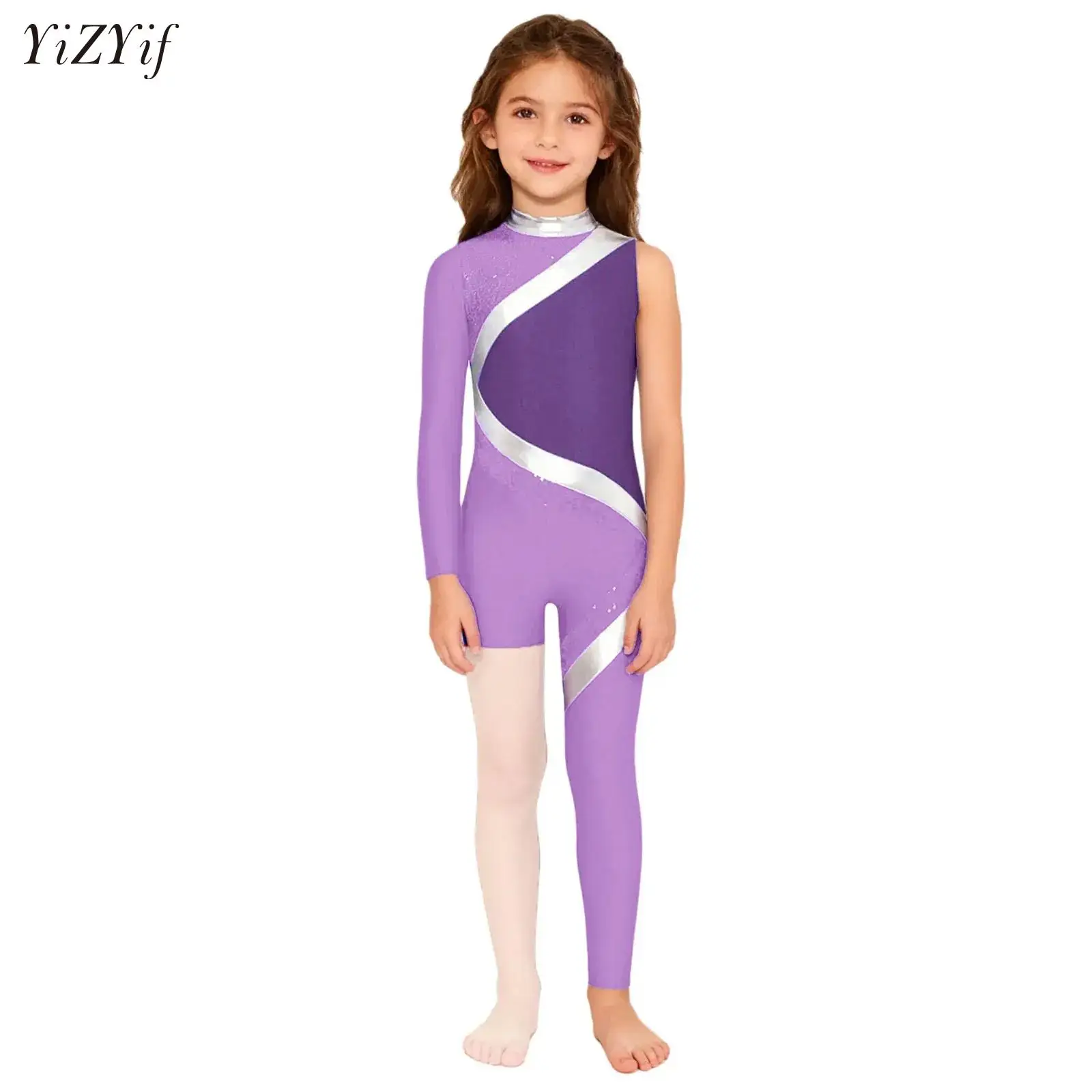 

Girls Gymnastics Dance Tights Jumpsuit Sequins Color Block Asymmetrical Ballet Jersey Dance Leotard Bodysuit Competition Clothes