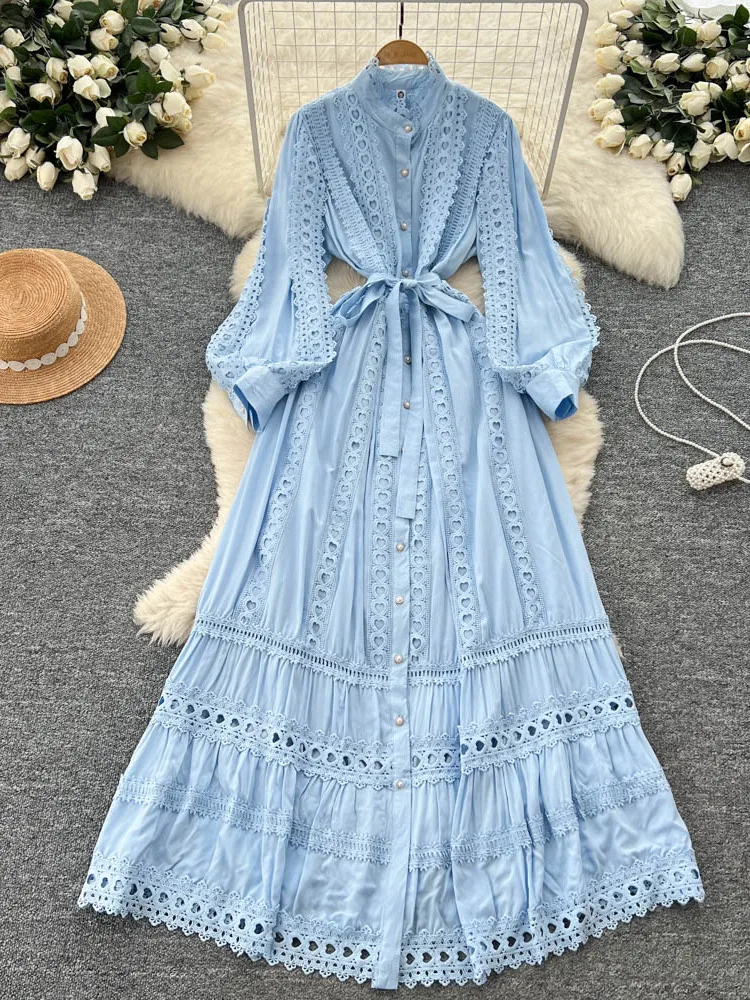 Ele Lace Splicing Lantern Sve Dr Dames lang Dr Court Sle Hoge taille Polyestervezel A-lijn Zomer Dr