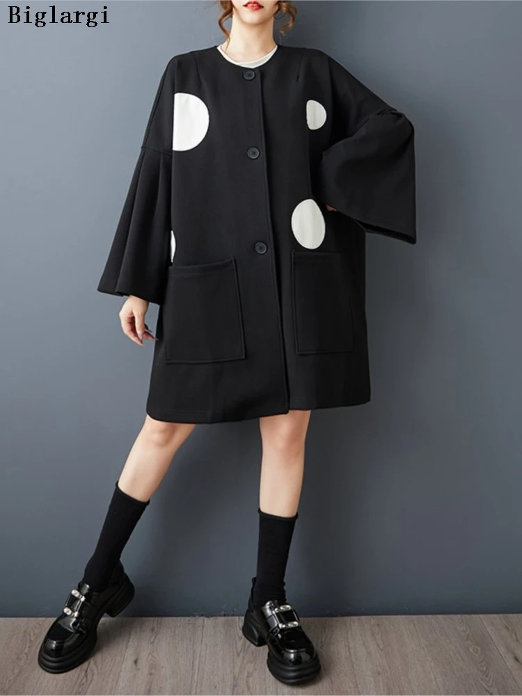 

Oversized Autumn Polka Dot Print Coat Women Loose Casual Fashion Ladies Jackets Pleated Ruffle Long Sleeve Woman Midi Coats