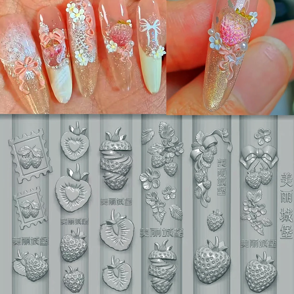 1pc Strawberry Cream Lace  Baroque love Dog Cokies 3D Acrylic Nail Mold Nail Decorations Nails DIY Silicone Nail Stamping Plates