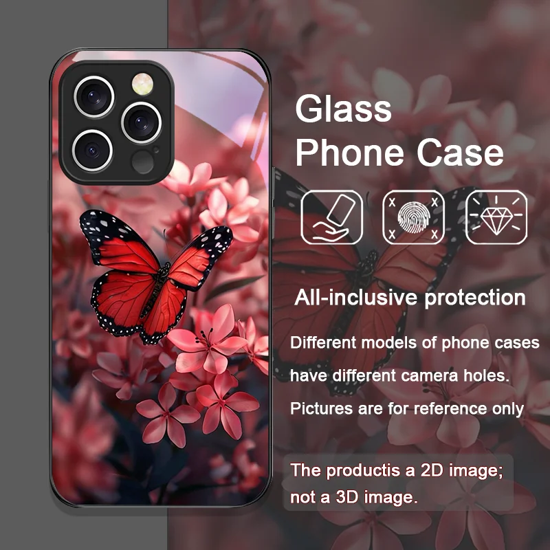 الفاخرة الأحمر فراشة زهرة نمط الزجاج المقسى جراب هاتف آيفون 16 برو ماكس 15 14 13 12 Mini 11 PRO XS XR 7 8 Plus غطاء
